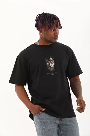 Unisex Oversize Baskılı Bisiklet Yaka Thirt  iyah