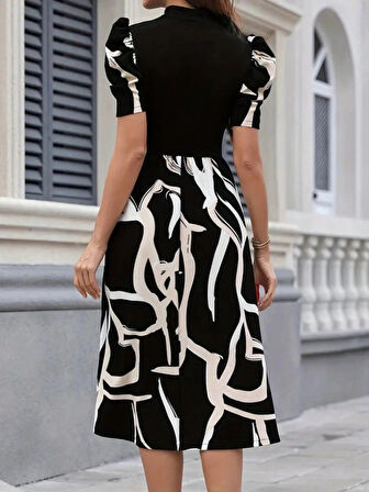 Kadın Kısa Kollu Yarı Balıkçı Yaka üst Viskon Alt Desenli Dokuma Midi Elbise