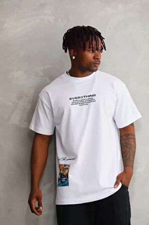 Unisex Bisiklet Yaka Baskılı Oversize Thirt  Beyaz