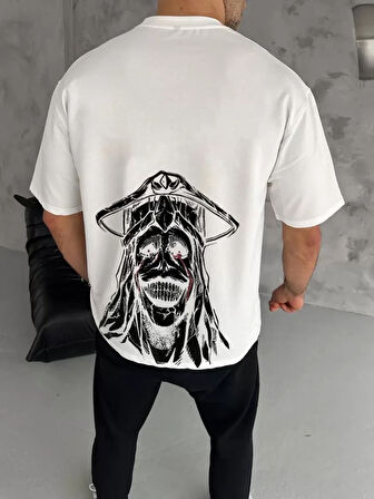 Unisex Bisiklet Yaka Baskılı Oversize Thirt  Beyaz