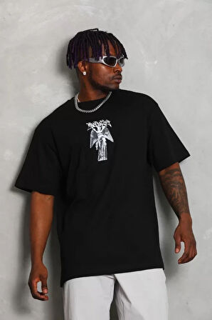 Unisex Oversize Baskılı Bisiklet Yaka Thirt  iyah