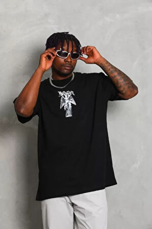 Unisex Oversize Baskılı Bisiklet Yaka Thirt  iyah