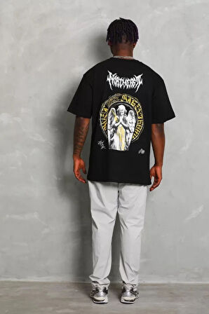 Unisex Oversize Baskılı Bisiklet Yaka Thirt  iyah