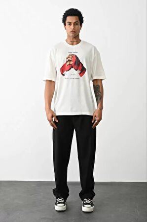 Unisex Baskılı Oversize Thirt  Beyaz