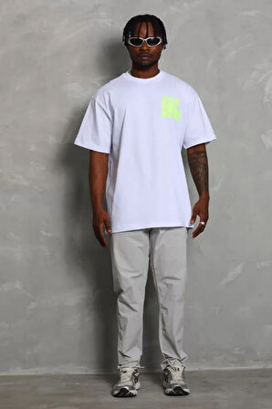 Unisex Oversize Baskılı Bisiklet Yaka Thirt  Beyaz