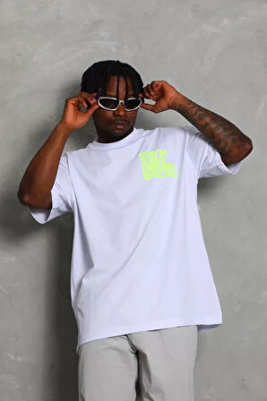 Unisex Oversize Baskılı Bisiklet Yaka Thirt  Beyaz