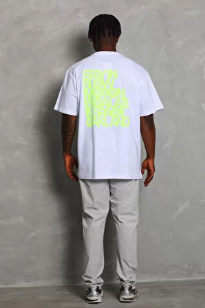 Unisex Oversize Baskılı Bisiklet Yaka Thirt  Beyaz