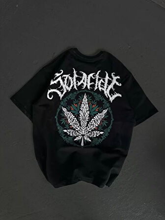 Unisex Bisiklet Yaka Baskılı Oversize Thirt  iyah