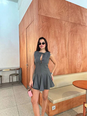 Bağcık Detaylı Kolsuz ini Elbise  Antrasit