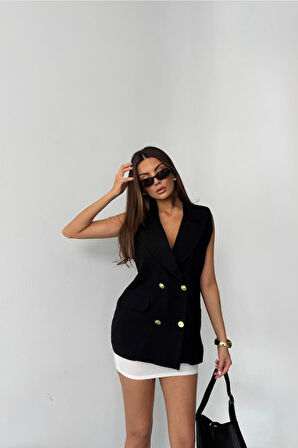 GOLD DÜĞELİ KETEN YELEK  iyah