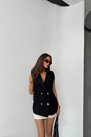 GOLD DÜĞELİ KETEN YELEK  iyah