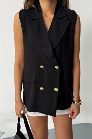 GOLD DÜĞELİ KETEN YELEK  iyah