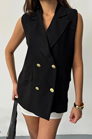 GOLD DÜĞELİ KETEN YELEK  iyah