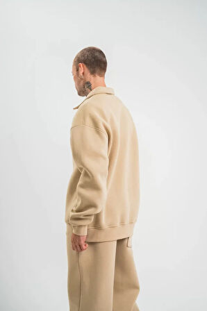 Unisex Double Oversize Patlı Yaka weathirt  Bej