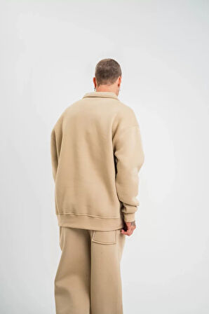 Unisex Double Oversize Patlı Yaka weathirt  Bej