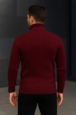 Erkek Fitilli Triko Kazak 2li et Bordo iyah Regular Balıkcı Yaka Tam Boğazlı Triko eti odeli Kazak