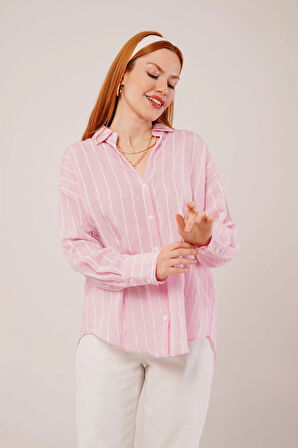 Kol Düğmeli Çizgili Pembe Gömlek