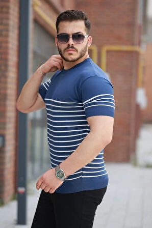 Erkek çizgi Desenli Bisiklet Yaka Kısa Kollu Tsihrt