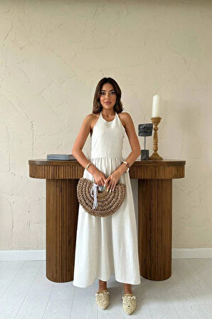 Bej Arkası Gipeli Keten Elbise