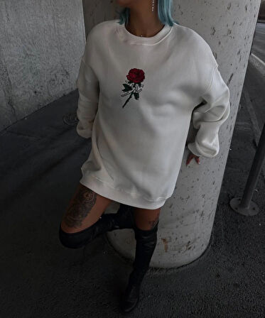 Oversize Üç İplik Bisiklet Yaka Baskılı weathirt  Beyaz