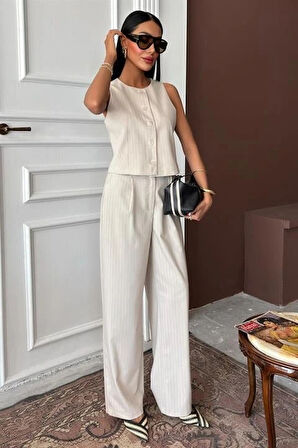 Yelek Plazzo Pantolon Çizgili Flamlı Poliviscon Takım 10178