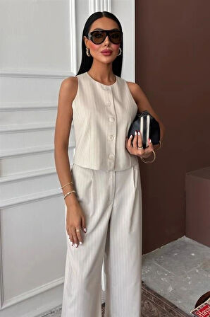 Yelek Plazzo Pantolon Çizgili Flamlı Poliviscon Takım 10178