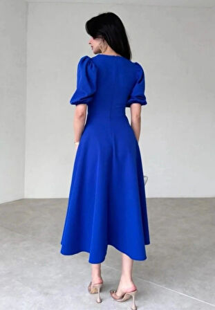 Kadın Kısa Balon Kollu Bisiklet Yaka Geniş Kesim Janjan Krep Elbise