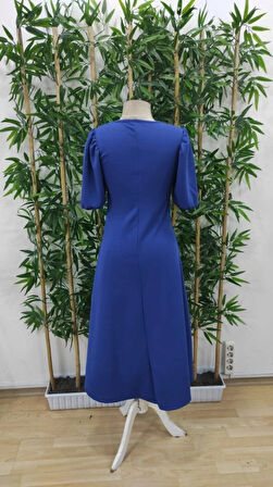 Kadın Kısa Balon Kollu Bisiklet Yaka Geniş Kesim Janjan Krep Elbise