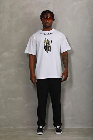 Unisex Oversize Baskılı Bisiklet Yaka Thirt  Beyaz