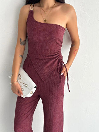 Asimetrik Crop Pantalon Ikili Takım  Gül Kurusu