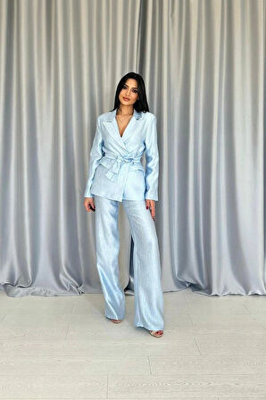 avi Beli Kuşaklı Ceket Ve Pantolon Parlak Takım