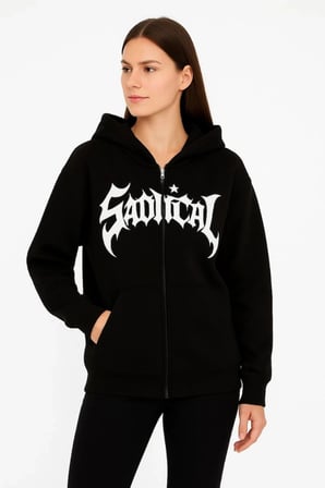 Oversize Kapüşonlu weatshirt  Hoodie 3 İplik Şardonlu Pamuklu Kumaş, Önü Baskılı, Fermuarlı Rahat Kalıp, Kışlık Ve okak tili weat  iyah