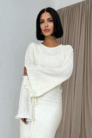 Ekru İspanyol Kol Piliseli Elbise