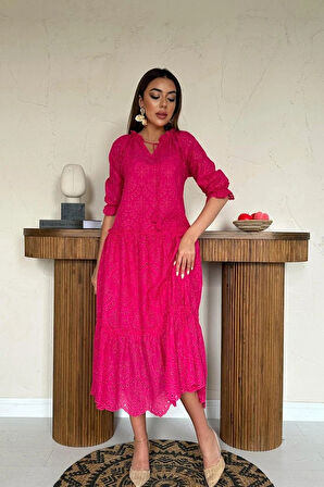 Fuşya Dantelli New Elbise