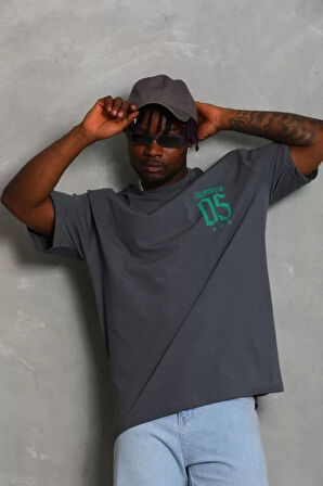 Unisex Oversize Baskılı Bisiklet Yaka Thirt  Füme