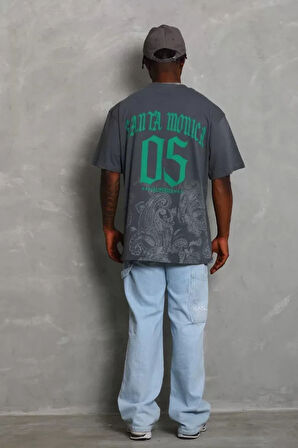 Unisex Oversize Baskılı Bisiklet Yaka Thirt  Füme