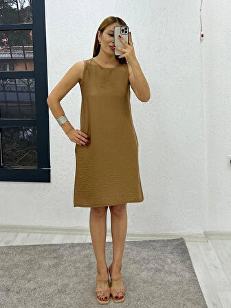Kadın Keten Kumaş Cep Detaylı Sıfır Kol Elbise