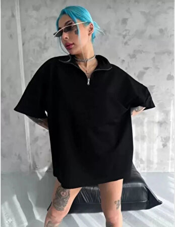 Unisex Yarım Fermuarlı Düz Oversize Thirt  iyah