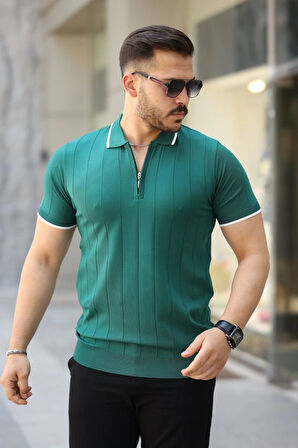 Erkek Fermuar Yakalı çizgi Dokulu Kısa Kollu Tişört