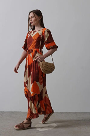 Desenli Balon Kol Kloş Elbise  Kahve