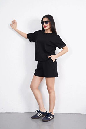 Osy odal Yumuşak Dokulu Kumaş Bisiklet Yaka Tshirt Kısa Şort İkili Takım  iyah