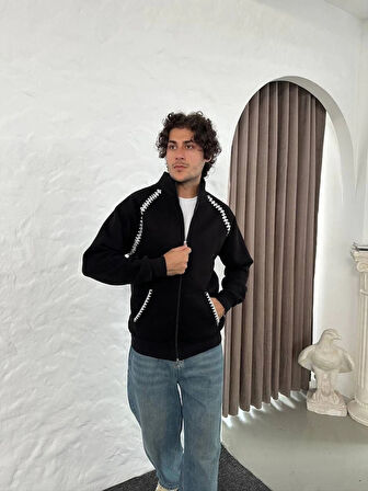Erkek Oversize Dik Yaka Fermuarlı weatshirt  Zincir Nakışli Kanguru Cepli  iyah