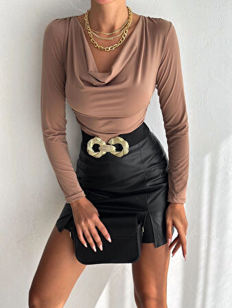 Kadın andy Kumaş Degaje Yaka Uzun Kollu Bluz