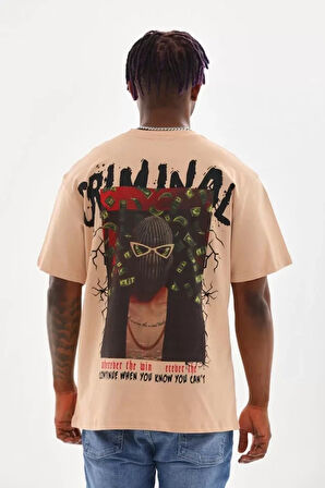 Unisex Baskılı Oversize Thirt  Bej