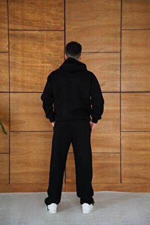 Erkek Kapüşonlu Eşofman Takım Örümcek Ağı Ve Neon Yeşil Baskılı Kanguru Cepli Oversize Rahat Kalıp, Premium Üç İplik Kumaş  iyah