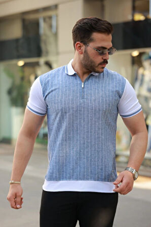 Erkek Fermuar Yakalı çizgili Kısa Kollu Tişört