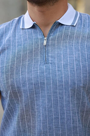 Erkek Fermuar Yakalı çizgili Kısa Kollu Tişört