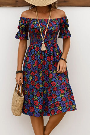 Kadın Kısa Kollu Kare Yakalı Beli Lastikli çiçek Desenli Mini Süprem Elbise