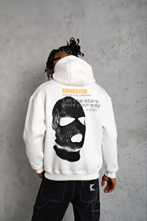 Erkek Kordonlu aske Baskılı Kapüşonlu weat  Beyaz