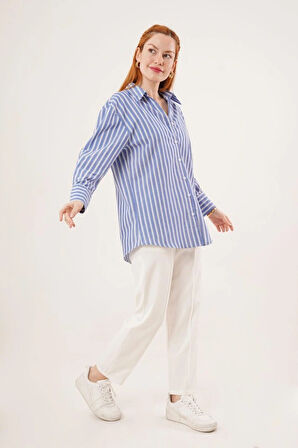 Çift Çizgi Geçişli Düğmeli avi Gömlek